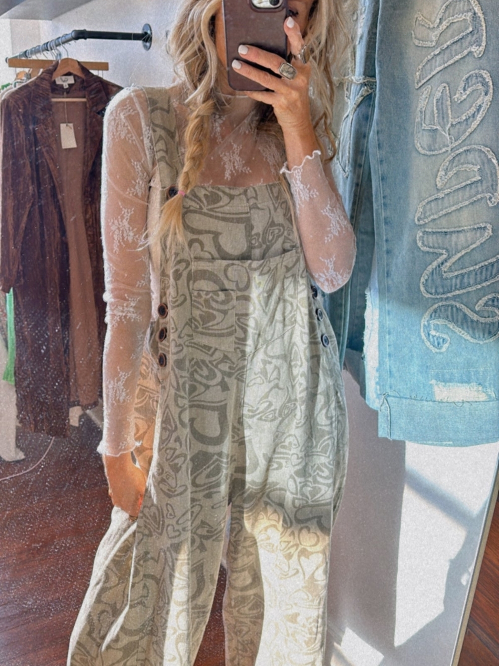 easel Olive Abstract-Print Wide Leg Overalls. NWOT Size Small - Picture 3 of 14